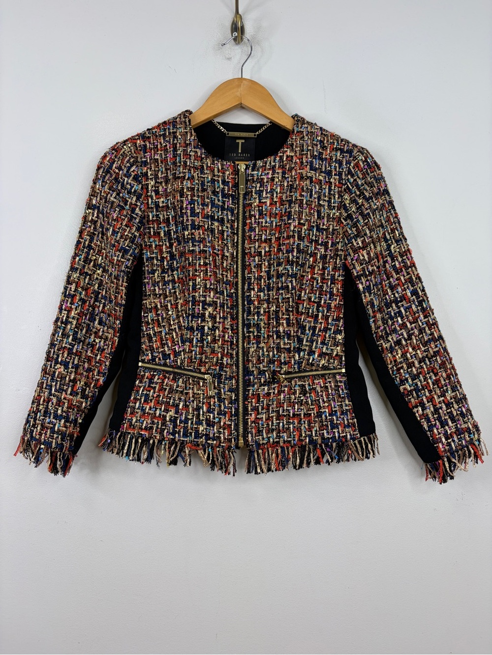 Ted Baker Jacket Womens 1 US 2 4 Gold Black Red Tweed Boucle Metallic Lorella
